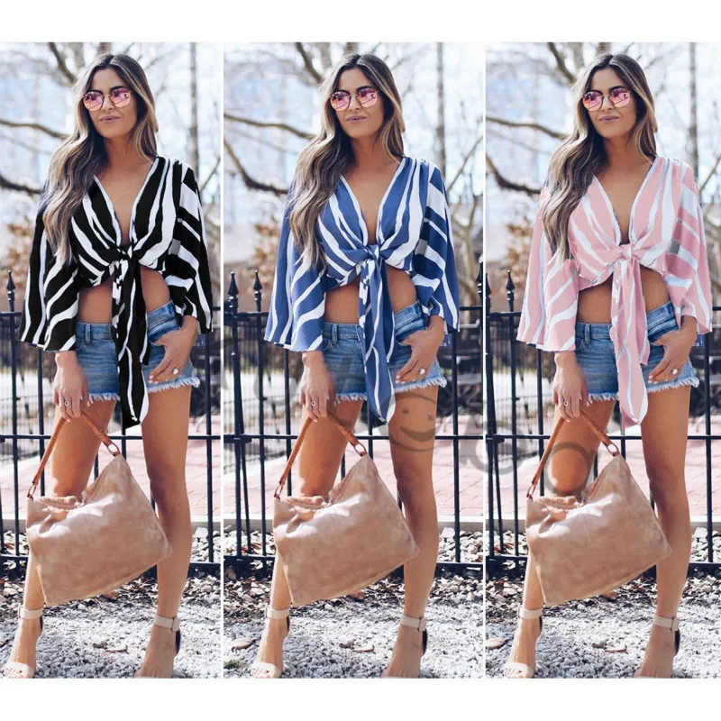 

Women's Striped Crop Top Cardigan Trumpet Sleeves Front Knot Tie Loose Blouse