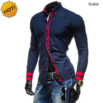 

New2017 Autumn Winter Casual Shirt Slim Fit Patckwork Lapel red button Color Long sleeve handsome Men's Tuxedo Shirt 5color