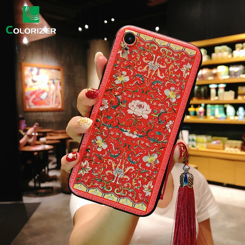 

Chinese Style Phone Case For iPhone 6s 7 8 Plus X XS Max XR Embossed Embroidery Pattern Case With Tassel Lanyard For Note9 P20