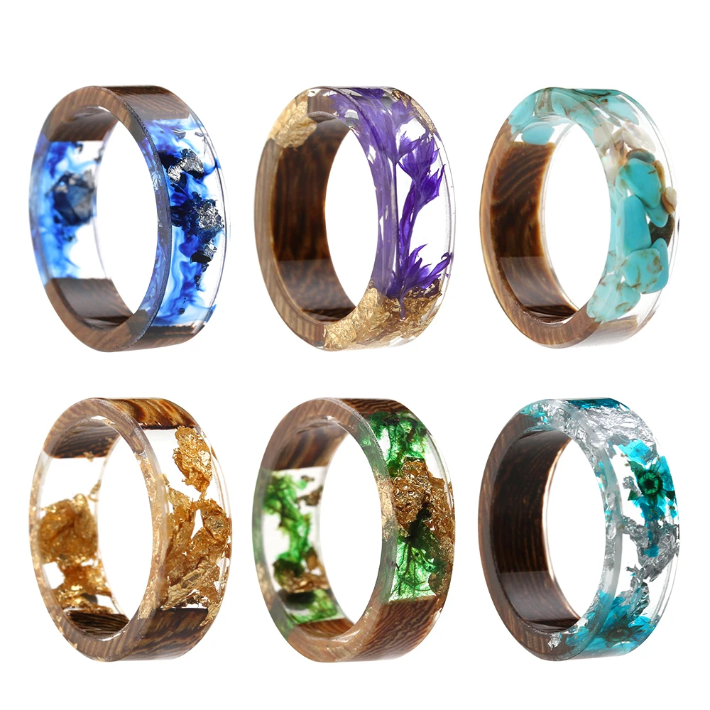 

2019 New Design Handmade Wood Resin Ring Flowers Plants Inside Jewelry New Novelty Wood Ring Anniversary Ring