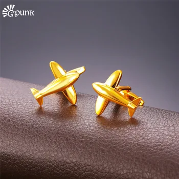

Airplane Cufflinks For Mens Gold color Wholesale French Shirts Cuff Buttons wedding cuff link C2004G