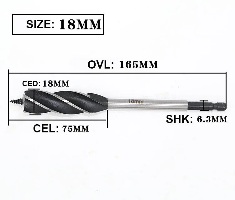 Удлиненное деревообрабатывающее сверло с глубоким отверстием, поворотное сверло с шестигранной ручкой, четыре отверстия с четырьмя лезвиями, открывалка для деревянного замка двери, 6,3 мм хвостовик - Цвет: 18mm