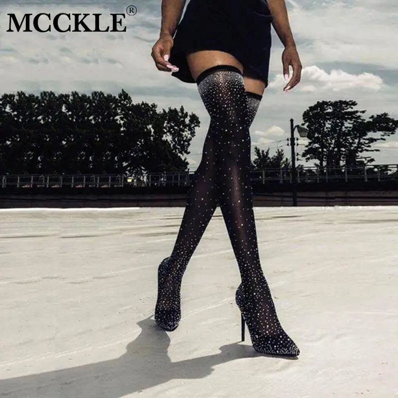 

MCCKLE Over The Knee Boots Runway Crystal Women Slim Stretch Fabric Sock Shoes Female Point Toe Thigh High Heels Ladies Footwear