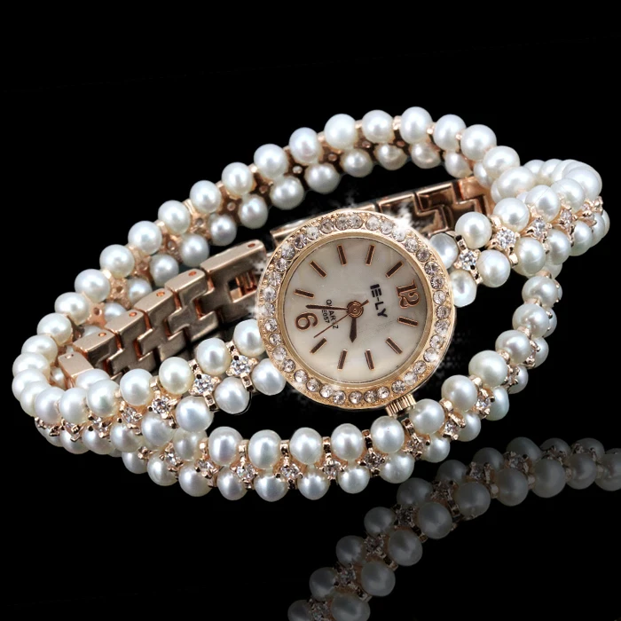 Hesiod модные стильные женские часы с искусственным жемчугом золотого цвета, женские наручные часы с цветами и кристаллами, наручные часы