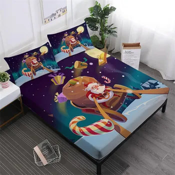 

3D Christmas Sheets Set Colorful Santa Sleigh Gifts Print Bed Sheet King Queen Fitted Sheet New Year's Bedding Set Pillowcase