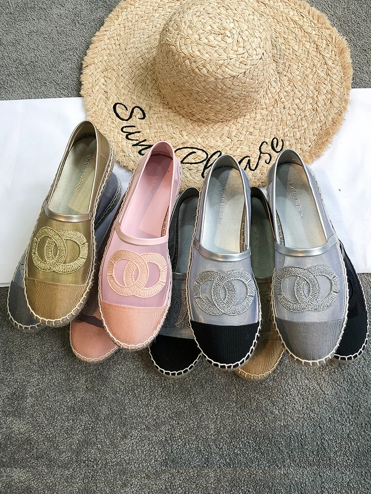 

2019 New Espadrille Women Flats Shoes Spring Cc Canvas Shoes High Quality Genuine Leather Slip-on Size 34-41Breathable Straw