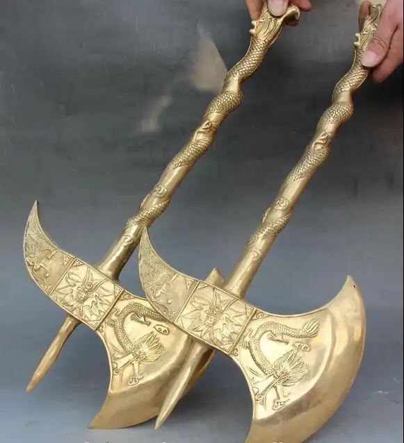 Chinese Bronze Dragon Lion Head Weapon Axe Hatchet Axes Pair cut