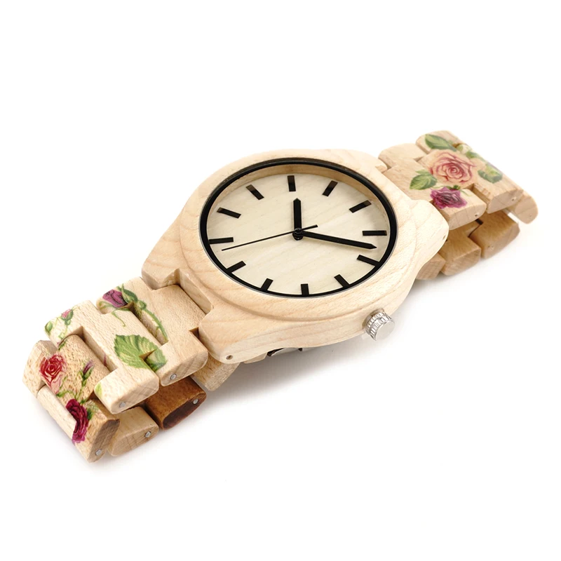 BOBO BIRD Wood Watch With UV Printing Flower Wooden Band Mens Women's Quartz Watches Japanese Miyota 2035 Movement Wristwatches