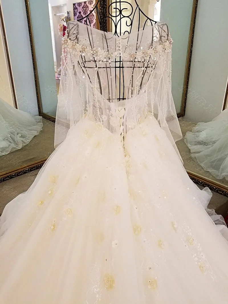 Цветы Кристалл бисер Тюль Свадебные платья Половина рукава Vestido De Noiva Princesa Luxo свадебное платье pakaian pengantin