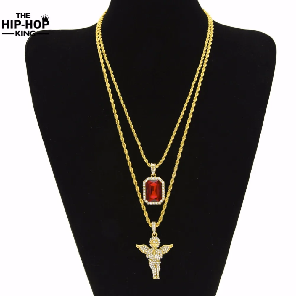 Mens Hip Hop Iced Out Strass Pendentif Collier Set Micro Ange, jésus, aile, prier Main Pendentif Collier Mâle Bijoux Cadeau