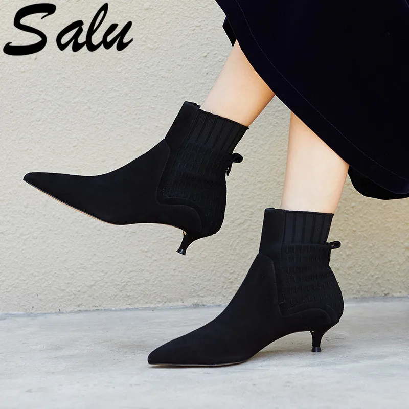 

Salu New Women Kid Suede Leather High Heels Ankle Boots Autumn Winter Sexy Pointed Toe Female Single Fashion Ladies Shoes Woman