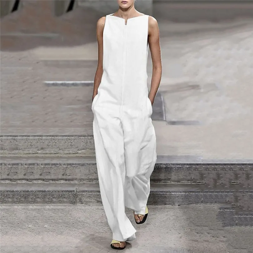 Ladies Fashion Solid Color Loose Jumpsuit Summer Plus Size Cotton Casual Sleeveles Black Rompers Jumpsuits Feminino 40APR902
