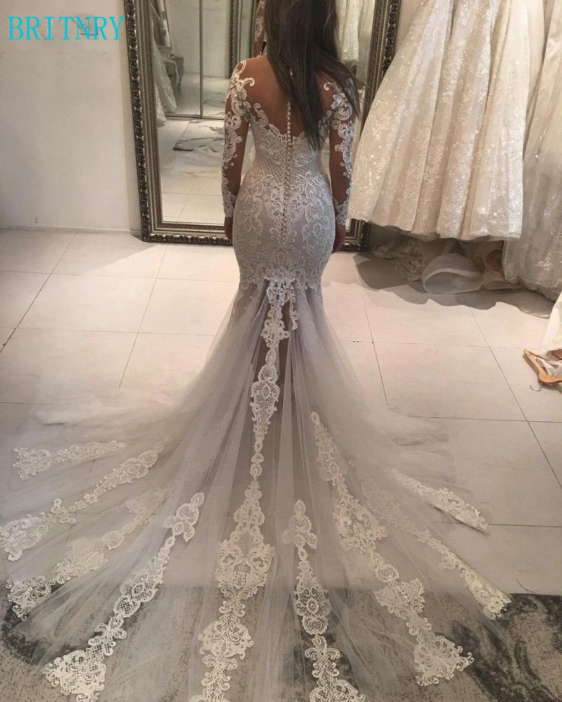 Mermaid-Long-Sleeve-Tulle-Lace-Pearls-Wedding-Dresses-Sexy-Vintage-2018-New-Bridal-Wedding-Gowns-Custom (1)