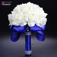 Королевский Синий Фиолетовый Красный Фуксия роза Искусственные Свадебные цветы невесты Букет кристалл Шелковый Свадебный букет с лентами