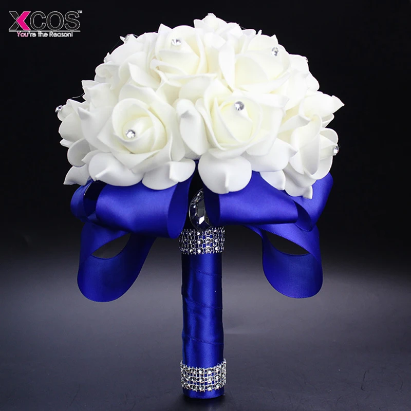 

2018 New Royal Blue Purple Red Fuchsia Rose Artificial Bridal Flowers Bride Bouquet Crystal Silk Ribbon Wedding Bouquet