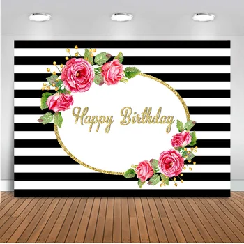 

Neoback Happy Birthday photography backdrop White and black stripe party decoration banner background for photo booth studio 517