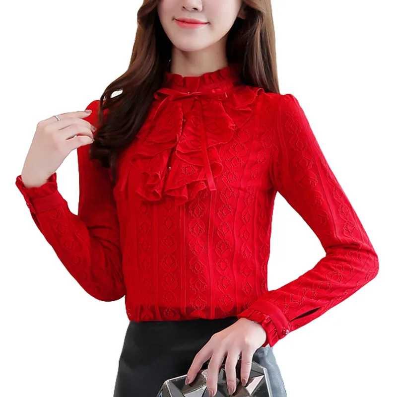 Blusas mujer de moda 2018 Осенняя женская рубашка кружевная одежда с завязкой-галстуком в