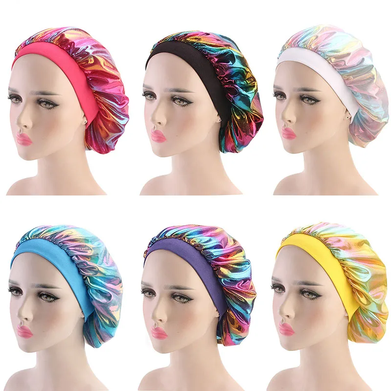 Красочные женские лазерные шелковистые DU-RAG, аксессуары для волос, волнистые шапки, тряпки, широкая полоса, капот, салонная шляпа, тюрбан, дураг ДУ, тряпка, головной убор