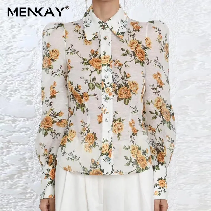 

[MENKAY] Vintage Yellow Floral Print Long Puff Sleeve Button Down Shirt Women ZIM 2019 Summer Beach Blouse Female Top Fashion