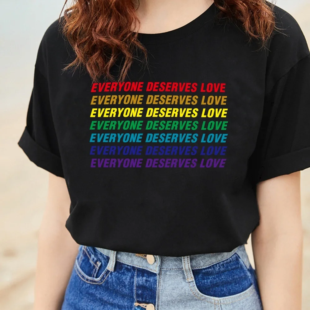 

HAHAYULE-JBH Summer Style Fashion Top Tee Everyone Deserves Love Rainbow Color T-Shirt Tumblr Fashion LGBT Gay Pride Slogan Tee