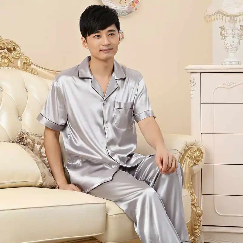 New Arrival Summer Men or Women Casual High Faux silk tops and Pants sets lounge Homewear Sleepwear Set Men's Pajama sets 011