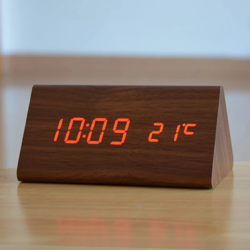 Modern Exquisite Wood clocks,Wooden unique big numbers Digital LED Calendar Thermometer Voice