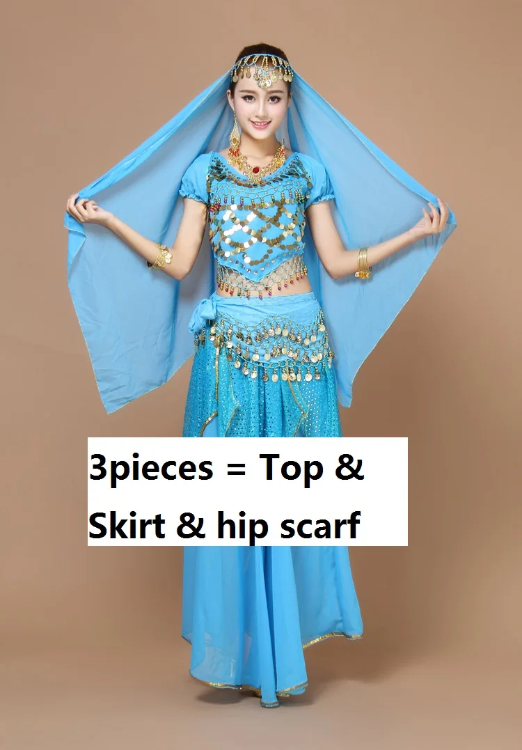 skyblue3pcs Детские болливудские танцевальные костюмы, юбки для взрослых и детей, женская одежда размера плюс, платье jupe, одежда для индийских танцев rs, танцевальное сари, костюм - Цвет: skyblue3pcs