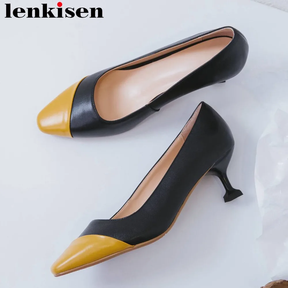 

2019 European superstars genuine leather mixed colors natural leather med heels slip on office lady square toe dress pumps L07