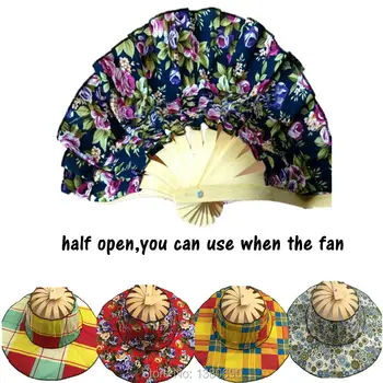 

1pcs/lot Sun Hat Fashion Bamboo Hand Fan Folding Fan Summer Folding Bamboo Fan Cap Traveling-cap
