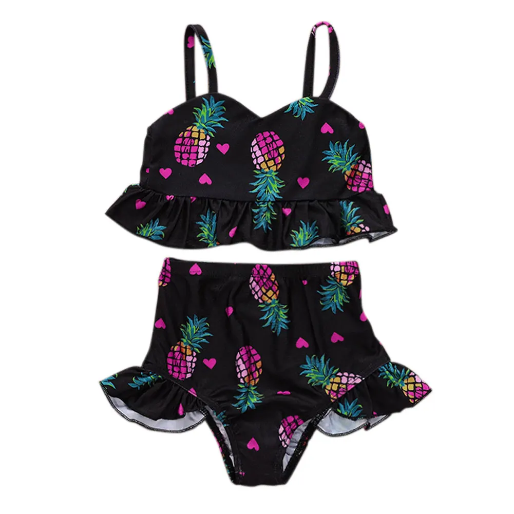

2pcs/set Kids Girls Swimsuit Tops+Panties Heart Pineapple Print Strappy Ruffled Hem Bathing Suit YH-17
