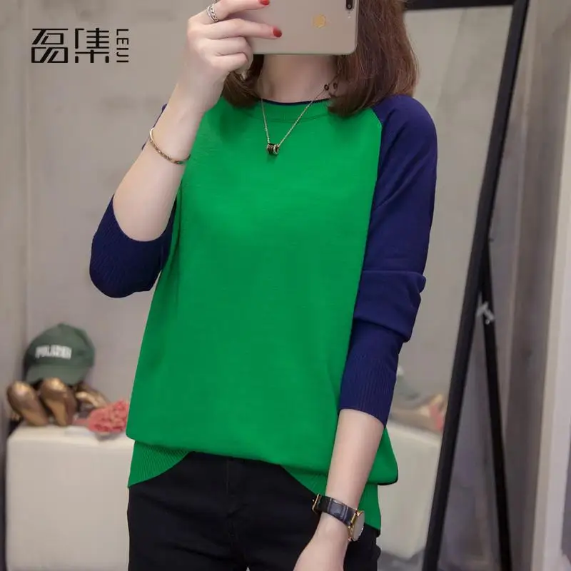 

Autumn Winter Sweater Women Plus Size Long Sleeve Pullover Women Contrast Color Sweaters O-neck Knitted Tops Femme