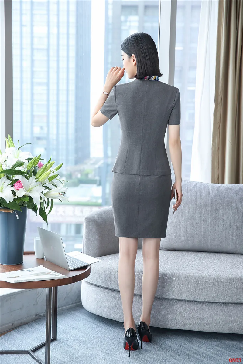 Летний Серый Блейзер женские деловые костюмы с юбкой и курткой наборы Дамская рабочая одежда офисный униформенный стиль
