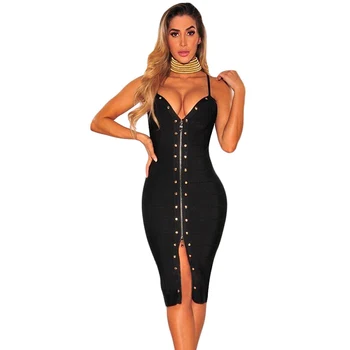 

2018 New Summer Sexy Knee Length Spaghetti Strap Club Dress Black Zip Down Front Studded Bandage Party Dress