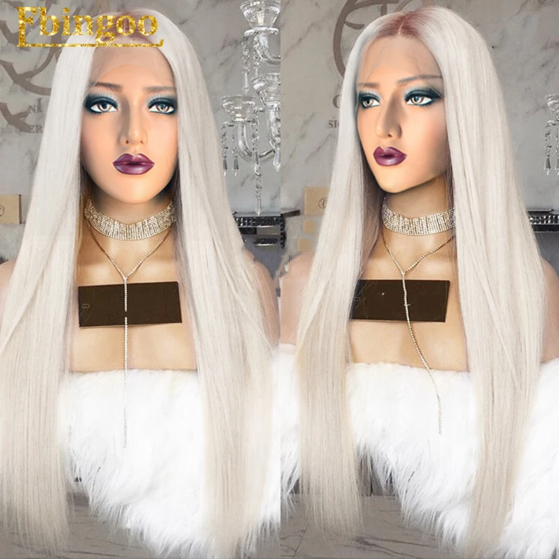 Hot Promo Ebingoo Platinum Blonde Ombre Dark Roots Middle Part