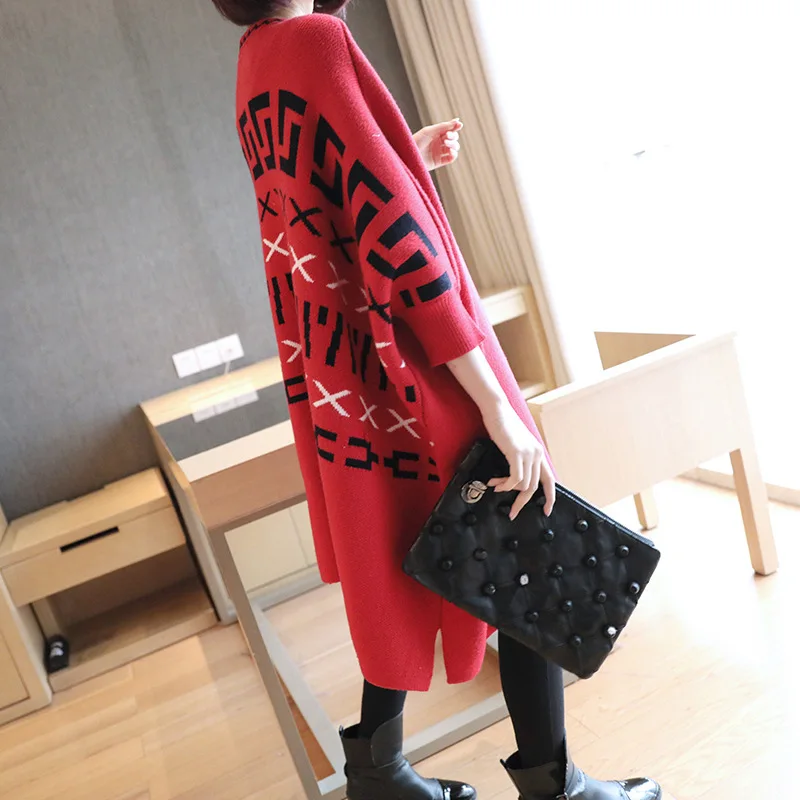 Print Casual Knitting Long Cardigan Female Loose Cardigan Knitted Jumper Warm Winter 2018 Sweater Women Cardigan Large Size