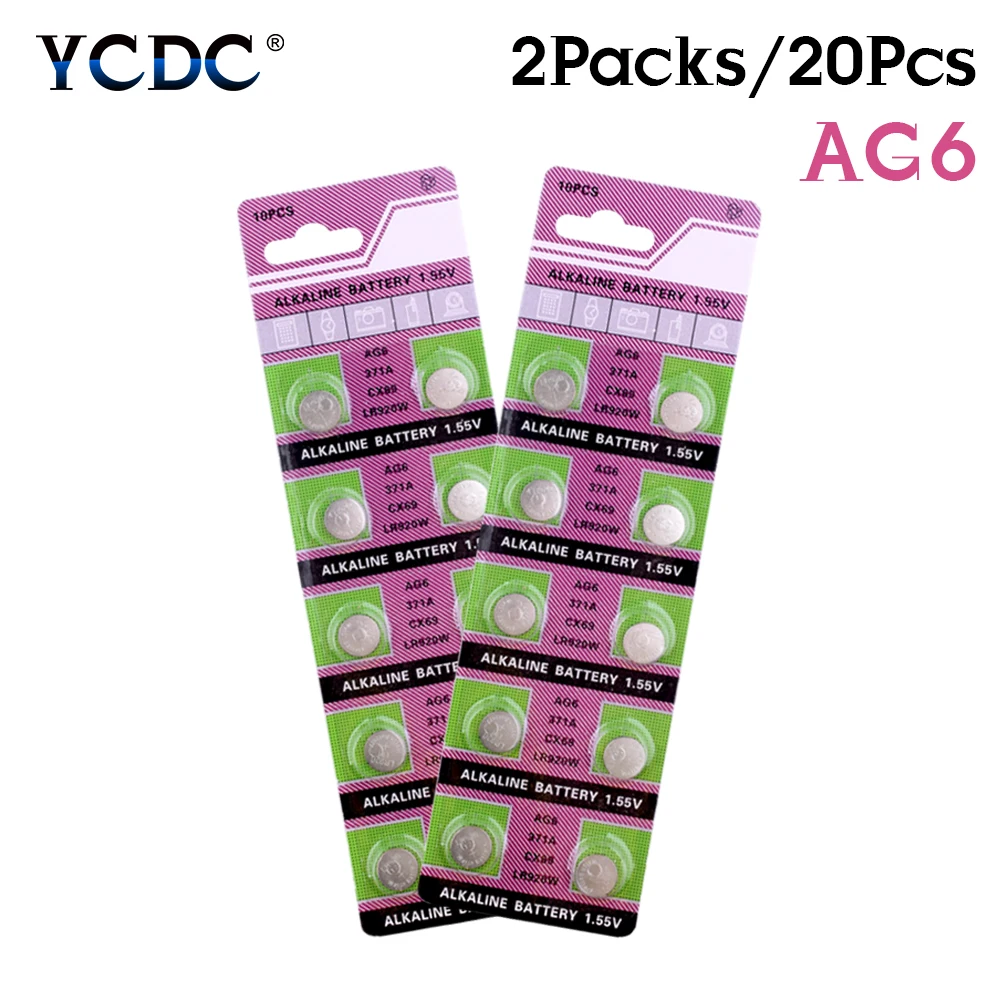 

YCDC 20 Pieces AG6 CX69 CX921 SR290SW SR69 SG6 LR921 LR920W LR920SW L921 371A 371X Pila Button Cell 1.55 V Volt Alkaline Battery