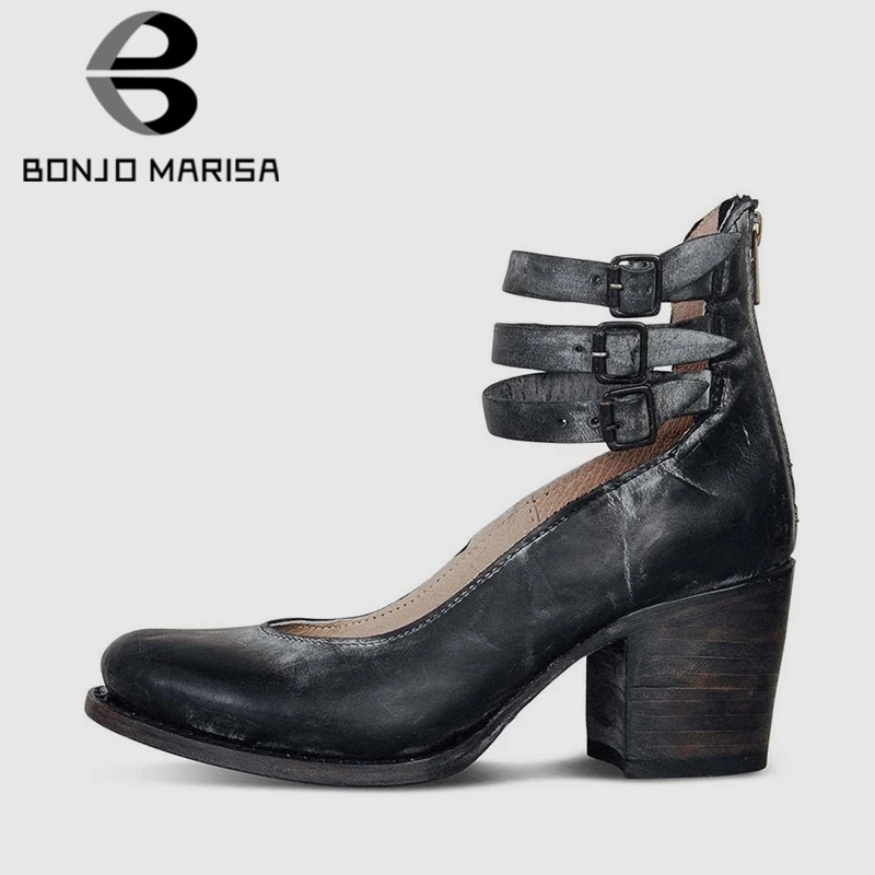 

BONJOMARISA 2019 New Vintage Fake Leather Spring Pumps Women Large Size 35-43 Hot Sale High Wide Heels Shoes Woman