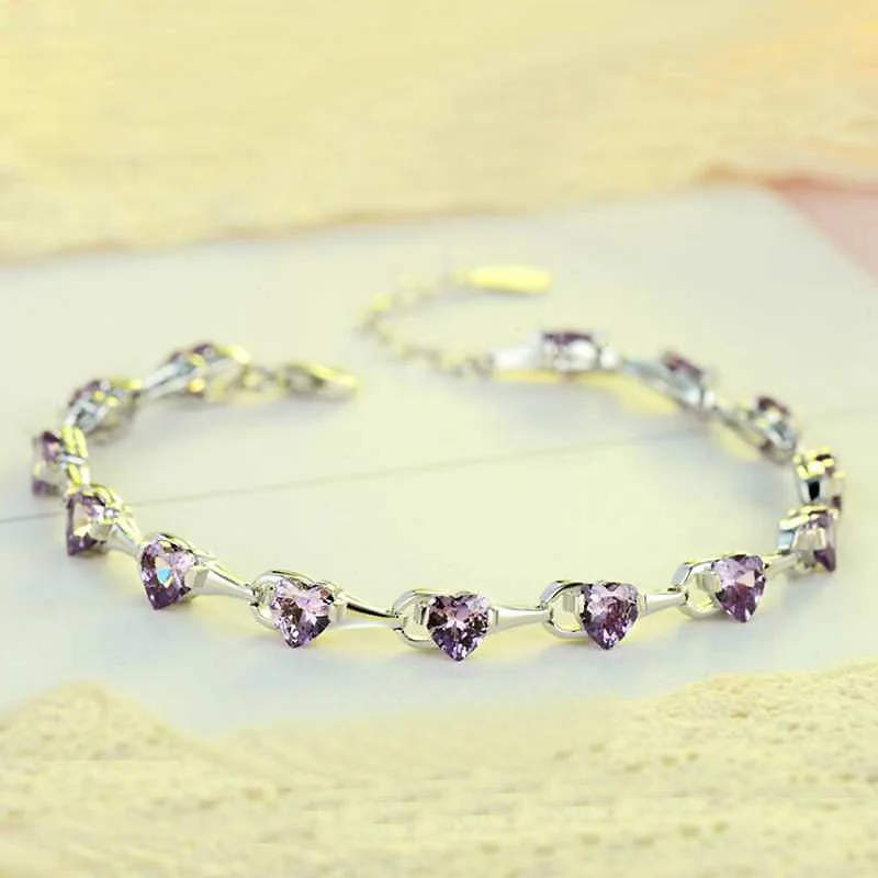 

Ruifan Hearts Love Purple CZ Zircon Amethyst Ladies' Bracelets 925 Sterling Silver Bracelet for Women Engagement Jewelry YBR086