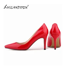 LOSLANDIFEN lady Women Patent Leather fashion MID high heels POINTED corset WORK PUMPS COURT SHOES US 4-11 952-1PA