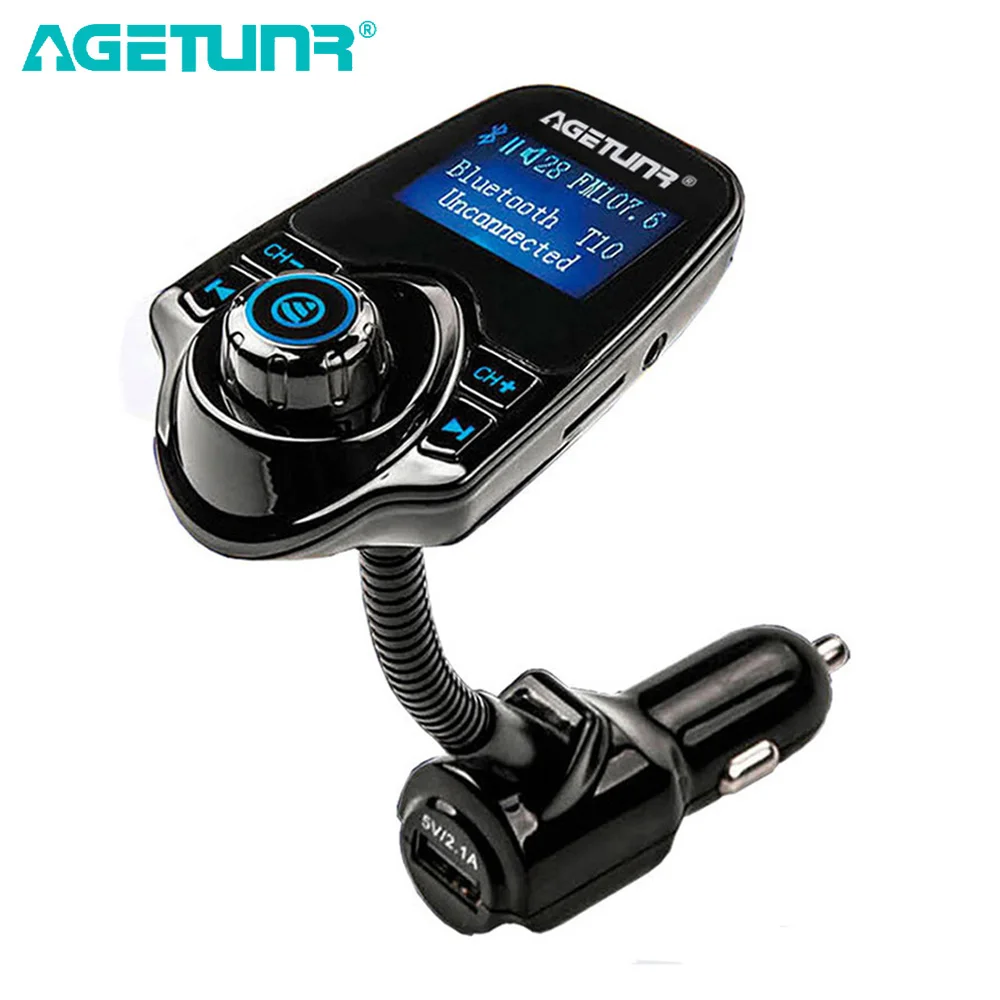 AGETUNR Bluetooth Car Kit Handsfree Set FM Transmitter Music Player 5V 2.1A USB Car Charger AUX Hole Line in & Line Out function