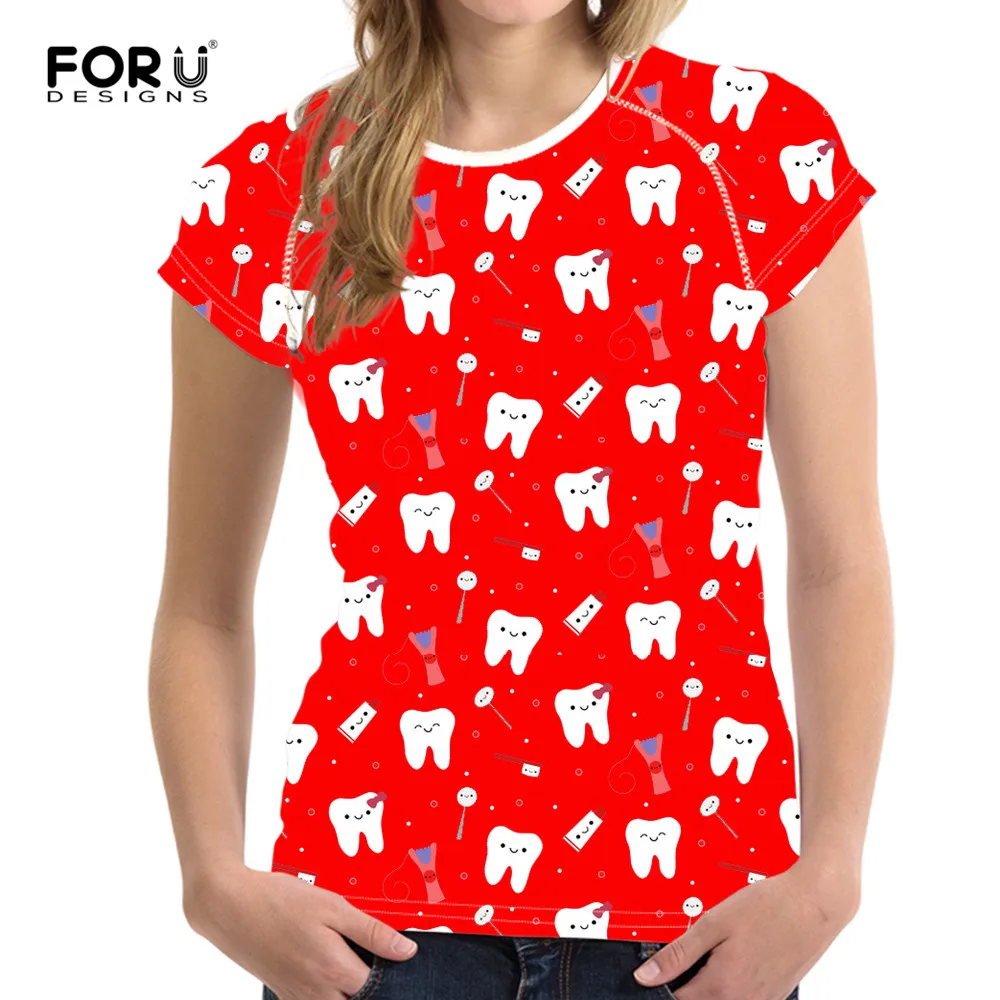 FORUDESIGNS Summer Women T Shirt Cute Cartoon Dentist Pattern Round Neck Tops for Ladies Brand Women's Clothes T-shirt Tee Shirt