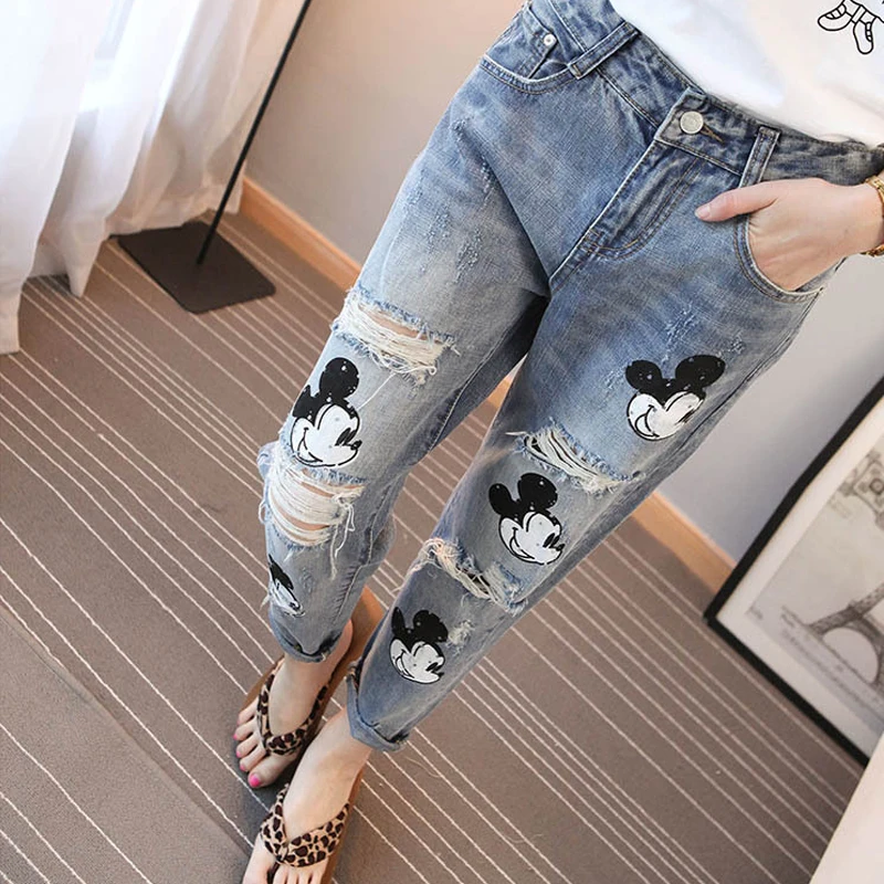 Mickey Mouse Jeans Women Distressed Ripped Boyfriend Jeans woman Cartoon Mickey Jeans Destroyed Casual Harem Denim Pants New