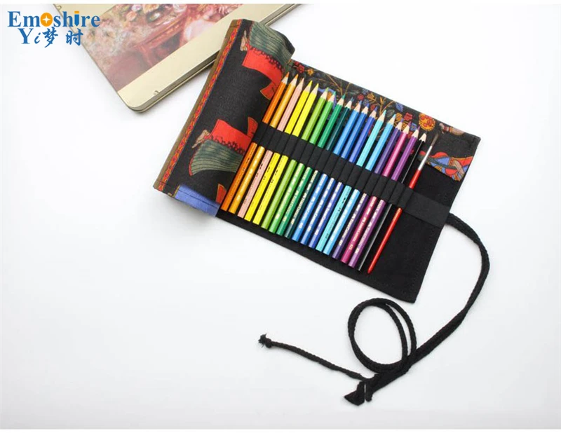 Emoshire Happy tree canvas hand cloth curtains color pencil case men and women pen bag roll stationery (12)