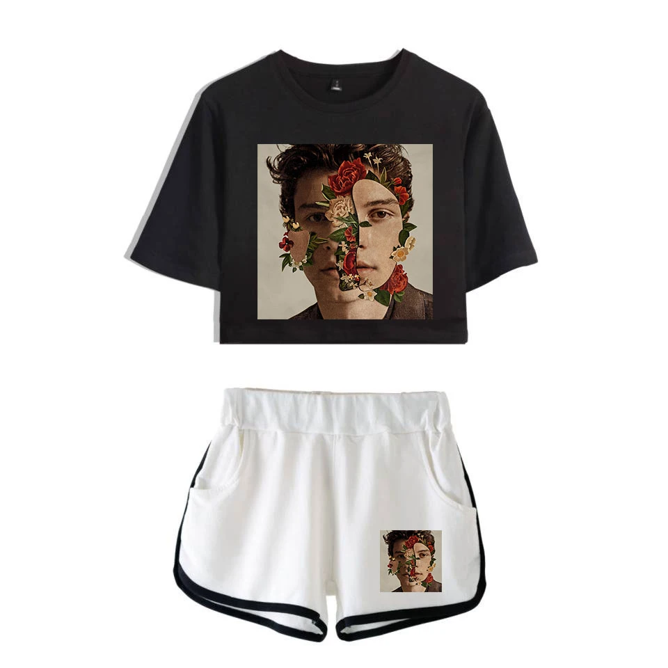 Шон Мендес печатных сексуальный комплект из двух предметов летний спортивный костюм с коротким рукавом Для женщин хлопковый кроп топ и