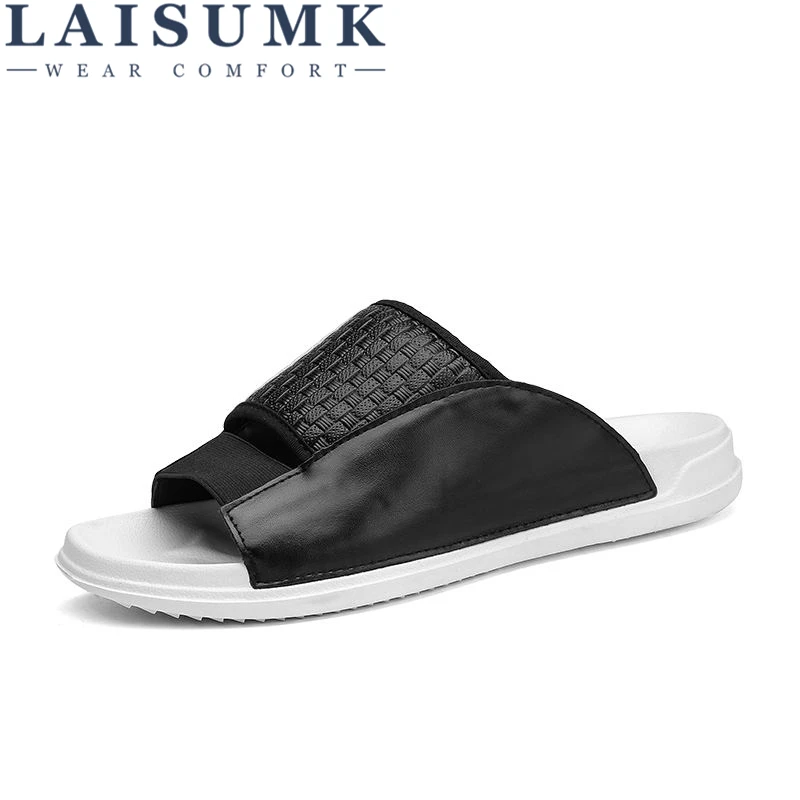 

LAISUMK 2019 New Men's Flip Flops High Quality Leather Slippers Summer Fashion Beach Slippers Sandals Shoes For Men