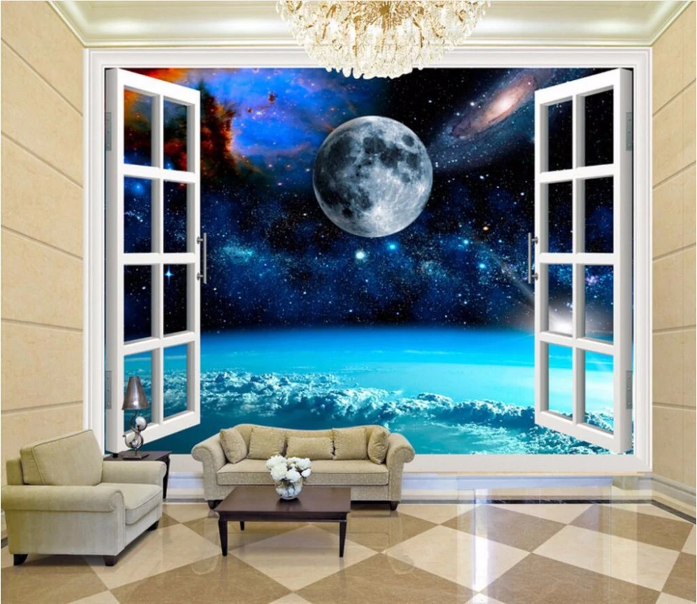 カスタム壁画3d壁紙窓の外の宇宙装飾絵画3d壁の壁画の壁紙リビングルームの壁3 D 3d Wallpaper Window Wallpapers For Living Roomcustom Mural Aliexpress