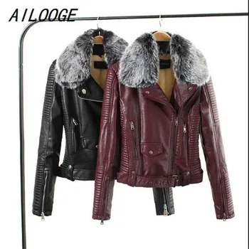 

AILOOGE Fashion Fur Collar Basic Jacket Coat Outerwear Coats Streetwear Black Faux Leather Coat Female PU Leather Jacket Women