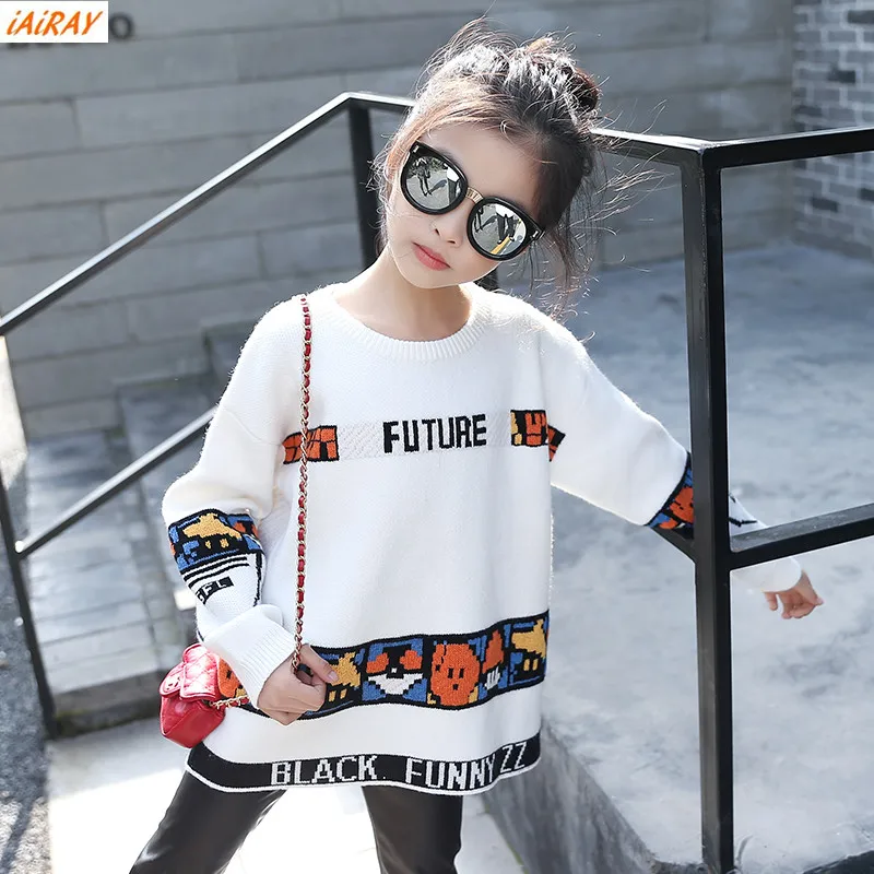 

iAiRAY brand new 2019 spring autumn korean style big girls sweater long sleeve round neck loose white sweater children outerwear