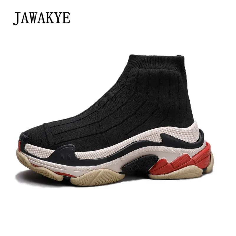 

2018 Runway Muffin Thick Bottom Sock Boots Woman Round Toe Elastic Stretch Knitted Ankle Boots Lady