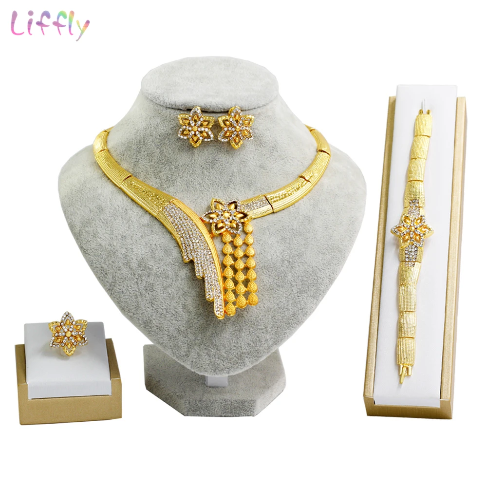 

Liffly Gold Jewelry Sets Necklace Earrings Fashion Bridal Dubai Jewelry Set for Women Wedding Costume Jewellery